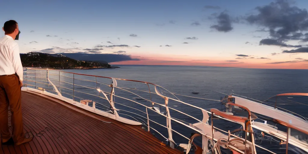 Prompt: a man on a cruise ship leaning on the guardrail smoking and watching the sea at midnight, photo, 8 k