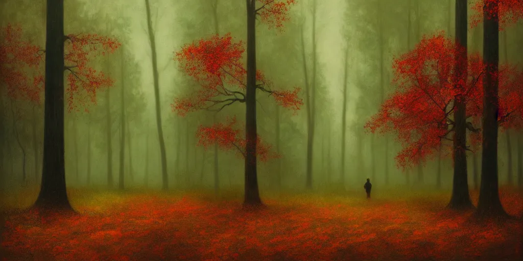 Image similar to a door in an autumn forest, green and red tones, by Aron Wiesenfeld, cinematic, detailed illustration, nature, fog, dark colors, suspense, intricate, 8k