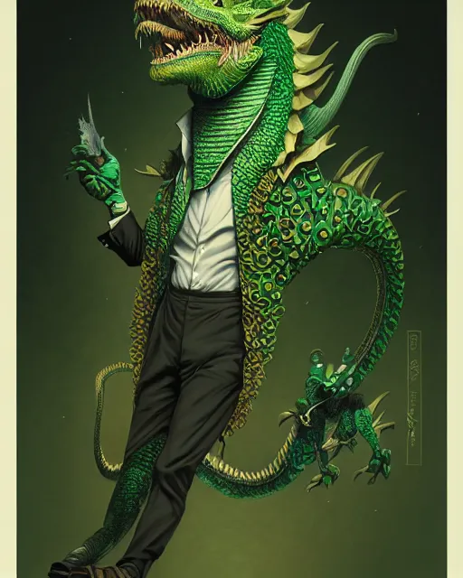 Prompt: anthropomorphic art of a businessman dragon, green dragon, portrait, victorian inspired clothing by artgerm, victo ngai, ryohei hase, artstation. fractal papers, newspaper. stock certificate, highly detailed digital painting, smooth, global illumination, fantasy art by greg rutkowsky, karl spitzweg, jc leyendecker