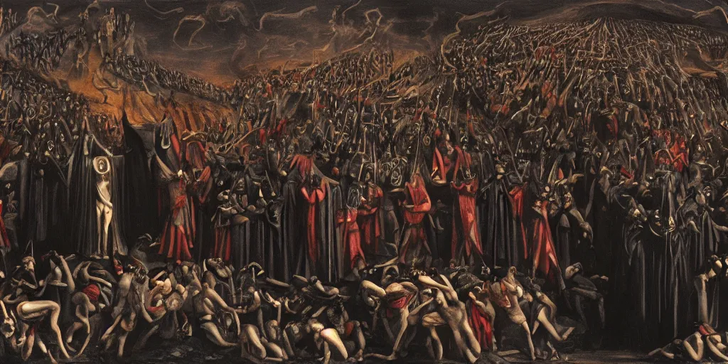 Image similar to dante's inferno painting, with people in black hooded tunic like in the film eyes wide shut of stanley kubrick, illuminati symbol, crows, skeletons, crosses, jesus, dark beauty, rotten gold, perfect faces, extremely detailed, cinema 4 d, unreal engine.