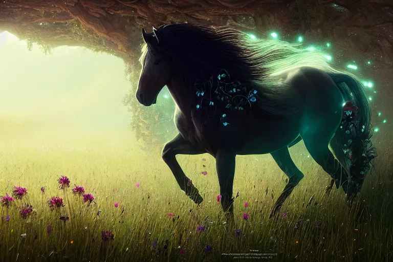 Prompt: a stunning horse with a mane of bioluminescent vines and flowers running through a meadow by greg rutkowski, flowerpunk, volumetric light, digital art, highly detailed, fine detail, intricate, ornate, complex, octane render, unreal engine, photorealistic