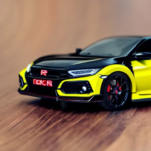 Image similar to civic type r fk 8 as a toy car on a wooden desk, focus shot, 1 0 5 mm, photo realistic