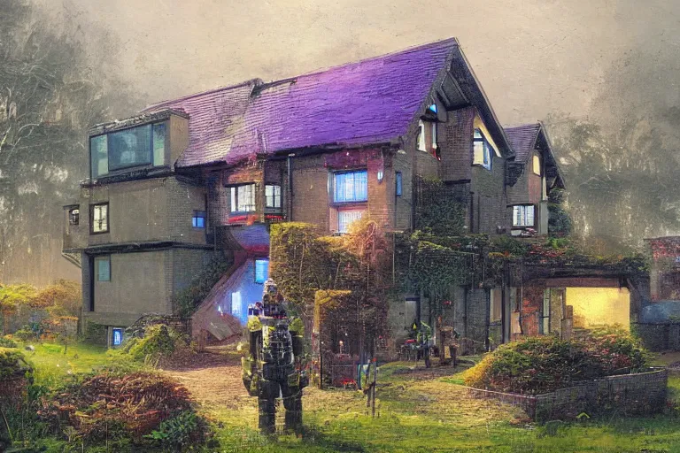 Image similar to cyberpunk, an estate agent listing photo, external view of a 5 bedroom detached countryside house in the UK, by Paul Lehr