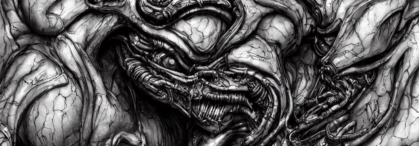 Prompt: engineer prometheus face by Artgerm, xenomorph alien, highly detailed, symmetrical long head, blood color, smooth marble surfaces, detailed ink illustration, raiden metal gear, cinematic smooth stone, deep aesthetic, concept art, post process, 4k, carved marble texture and silk cloth, latex skin, highly ornate intricate details, prometheus, evil, moody lighting, hr geiger, hayao miyazaki, indsutrial Steampunk