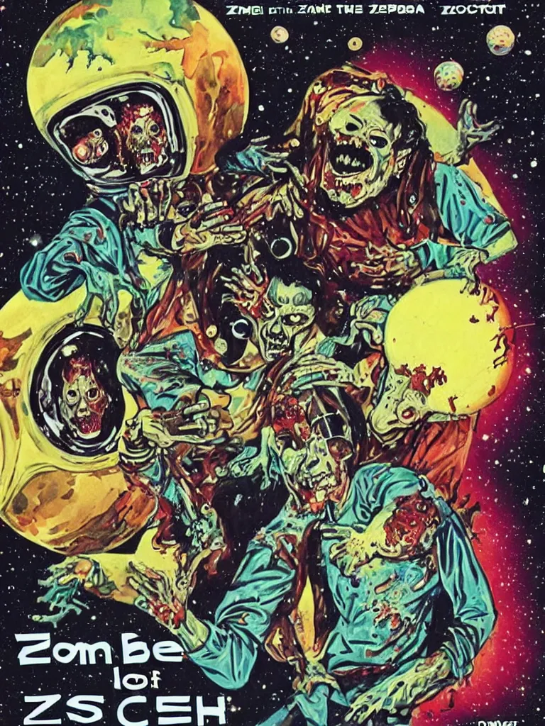 Image similar to movie poster, zombie and disco ball in space, 1970s style, very detailed, text says: Wrath of the Space Disco Zombies