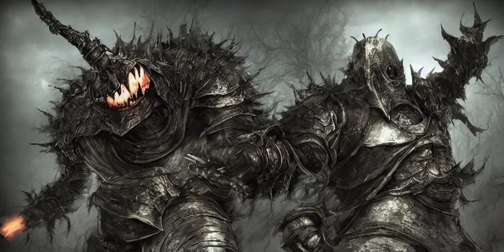 Image similar to minion as a darksouls boss, horror, hd, screenshot,