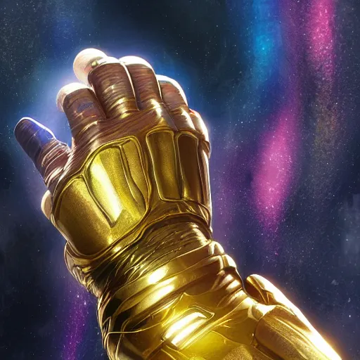 Image similar to the infinity gauntlet being worn by thor, au naturel, hyper detailed, digital art, trending in artstation, cinematic lighting, studio quality, smooth render, unreal engine 5 rendered, octane rendered, art style by klimt and nixeu and ian sprigger and wlop and krenz cushart