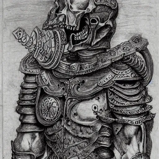 Prompt: skeleton warrior with a very ornate armor, very detailed, complex drawing, hyper detailed, renaissance, monochrome, albert durer style