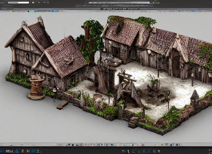 Prompt: medieval vampire village house, 3d model, miniature, iso, isometric view, gas lighting, stone and wood, dead tree, digital art, unreal engine, artgerm, thomas kinkade, blizzard