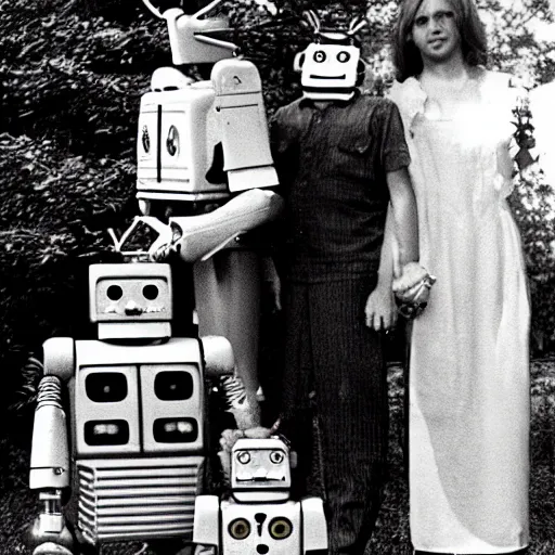 Prompt: the most creepy family photo of robots