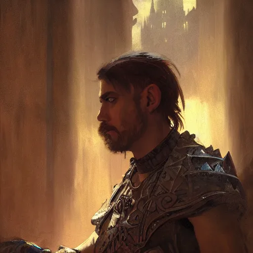 Image similar to closeup portrait of a dungeons and dragons character, dramatic lighting, castle background, gorgeous view, realistic, high detail, depth of field, lightrays, atmospheric, digital art, painted by greg rutkowski, painted by jeremy mann, painted by alphonse mucha, trending on artstation