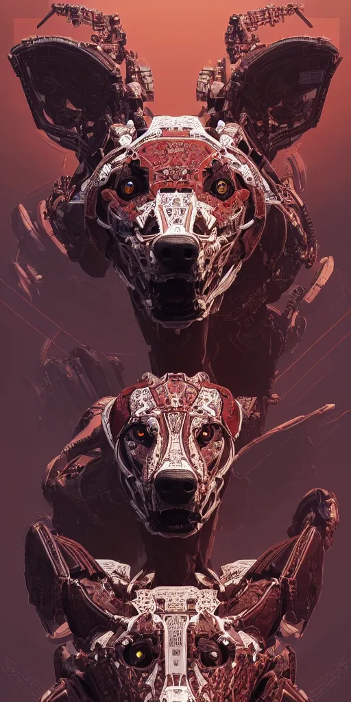 Image similar to symmetry!! portrait of a hybrid robot cerberus hell hound, floral! horizon zero dawn machine, intricate, elegant, highly detailed, digital painting, artstation, concept art, smooth, sharp focus, illustration, art by artgerm and greg rutkowski and alphonse mucha, 8 k