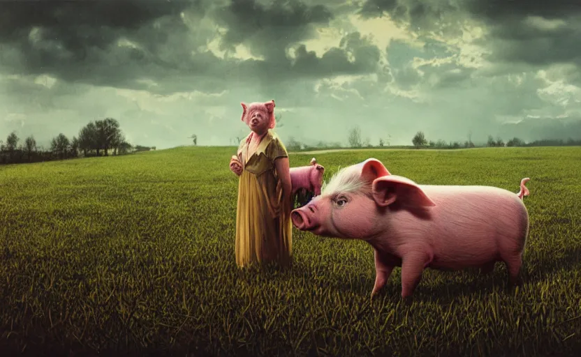 Image similar to 3 5 mm color, pig farm, portrait, fashion, freak show, weird, random, strange, hyperdetailed, photorealistic, interesting, david lachapelle, karol bak, cronenberg, weta digital, beksinski, zawadzki, id magazine, octane, cinematic, hyperrealism, 8 k, depth of field, bokeh.