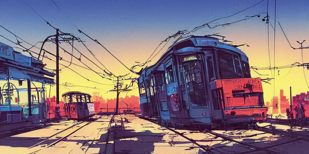 Image similar to post apocalyptic wasteland overhead wires neon futuristic cyberpunk vaporwave glow sunset clouds sky streetcar tram subway tunnel illustration by syd mead