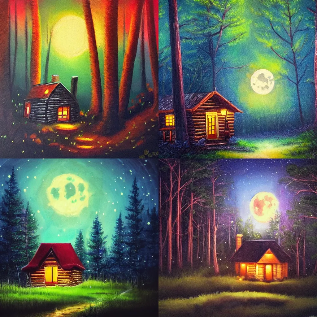 Prompt: cozy cabin in forest at night, fireflies, full moon, oil paibting, abstract, dream like