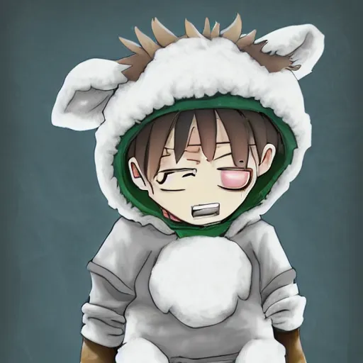 Image similar to little boy wearing sheep suit. white, gray, blue, green and brown pallet color. made in abyss art style, inspired in kris from deltarrune, cute detailed artwork, anatomically correct