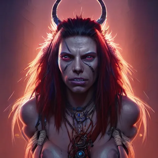 Image similar to portrait painting of a cyberpunk orc shaman extremely muscular ugly scarlett johansson with bad teeth, ultra realistic, concept art, intricate details, eerie, highly detailed, photorealistic, octane render, 8 k, unreal engine. art by artgerm and greg rutkowski and charlie bowater and magali villeneuve and alphonse mucha