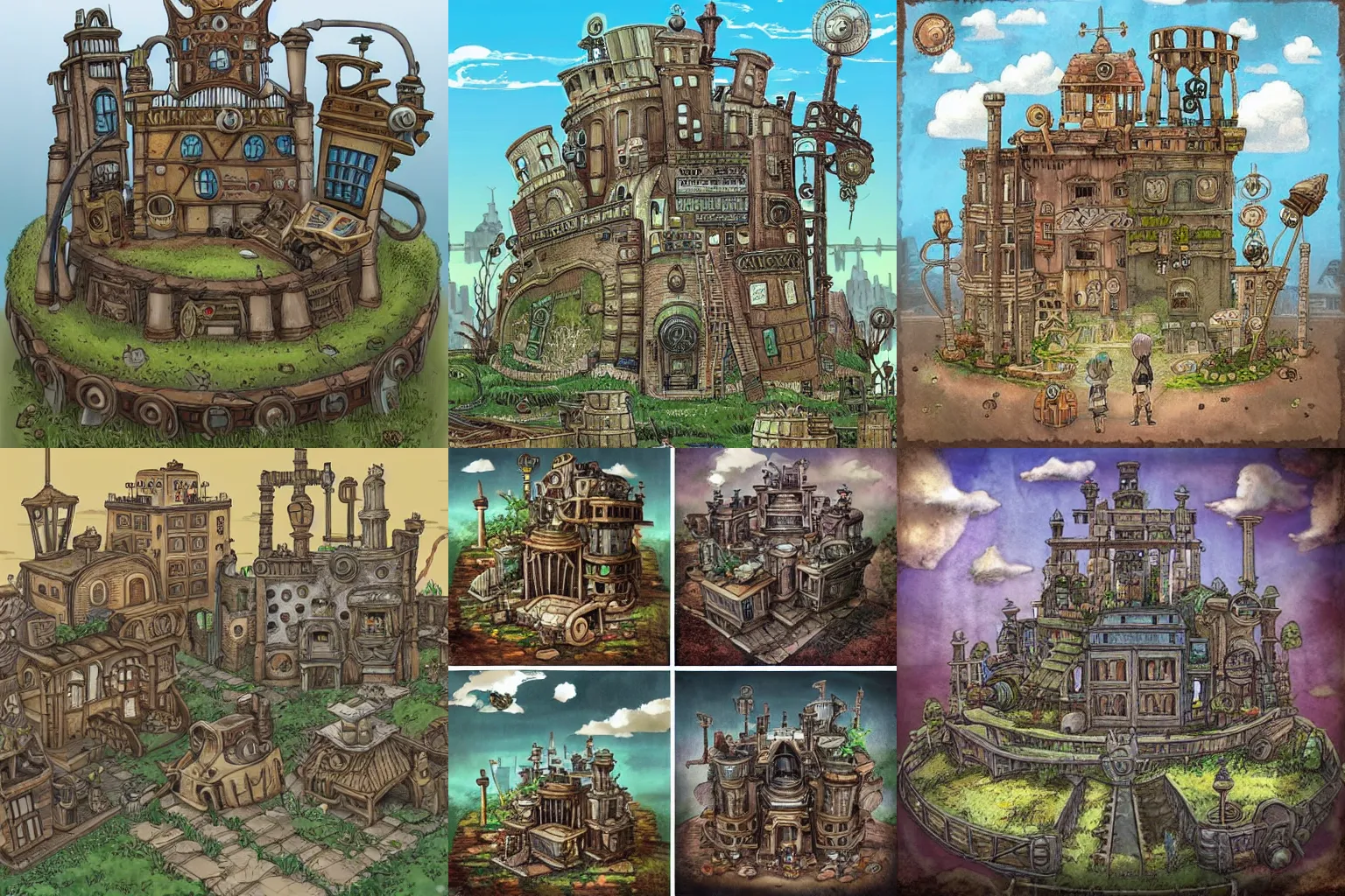 Prompt: the ruins of a steampunk city, in the style of studio ghibli