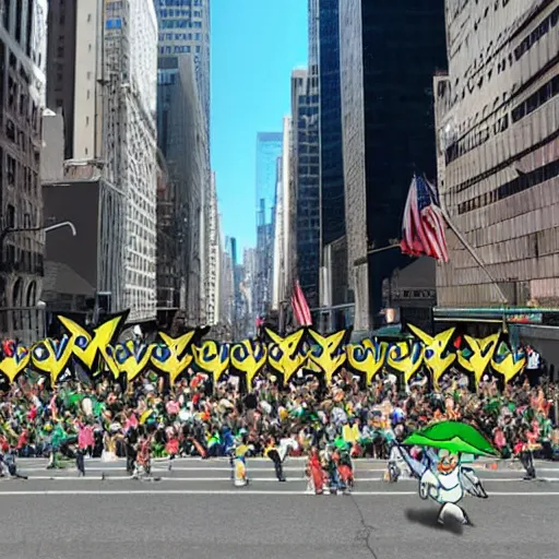 Image similar to a parade of pokemon marching down 5 th ave manhattan on st. patrick's day, 8 k, photo realistic, extremely life like