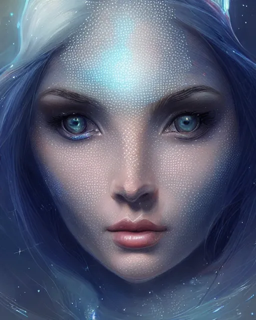 Image similar to close up portrait of a beautiful pleiadian starseed, fantasy, intricate, elegant, highly detailed, digital painting, artstation, concept art, smooth, sharp focus, illustration, by artgerm and greg rutkowski