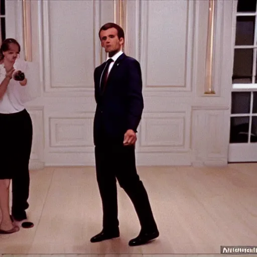 Prompt: Emmanuel Macron wearing snickers in American Psycho (1999)