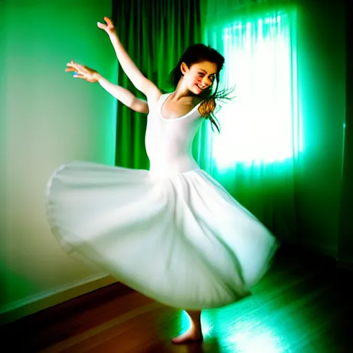 Image similar to cute girl wearing white dancing joyfully in her bedroom at night, dark green atmospheric lighting, elegant, highly detailed, heavy grain, sharp focus, depth of field, radiant light, 8 k, hdr, beautiful composition, photographed by steve mccurry