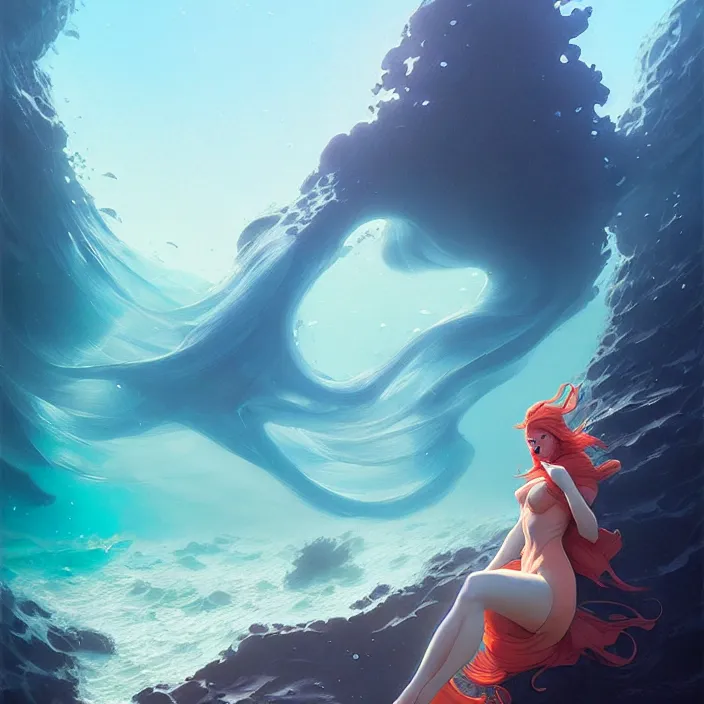 Image similar to style artgerm, joshua middleton, jeremy lipking, a giant underwater castle made of coral, very long spires, water swirling, detailed, ocean background setting, volumetric lighting