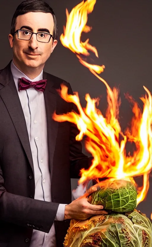 Image similar to john oliver setting fire to cabbage, photo