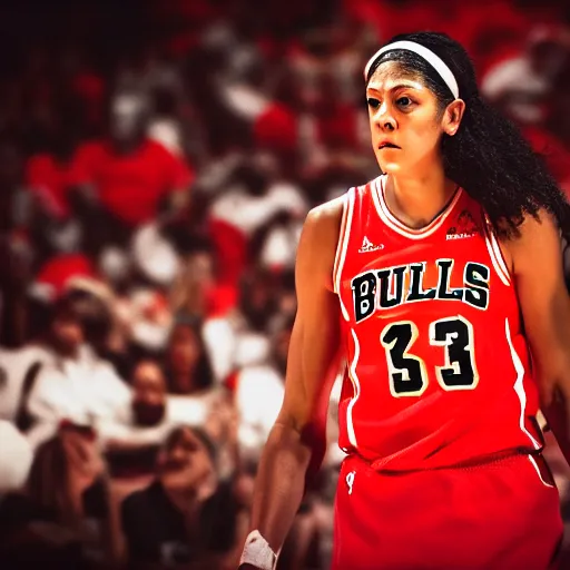 Prompt: candace parker in bulls jersey, high contrast, high saturation cinematic film still