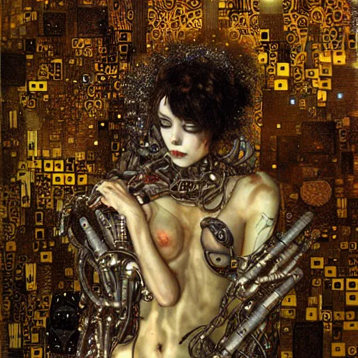 Prompt: depraved cybernetic demon lovers trapped in circuitry, intricate detail, klimt, royo, whealan,