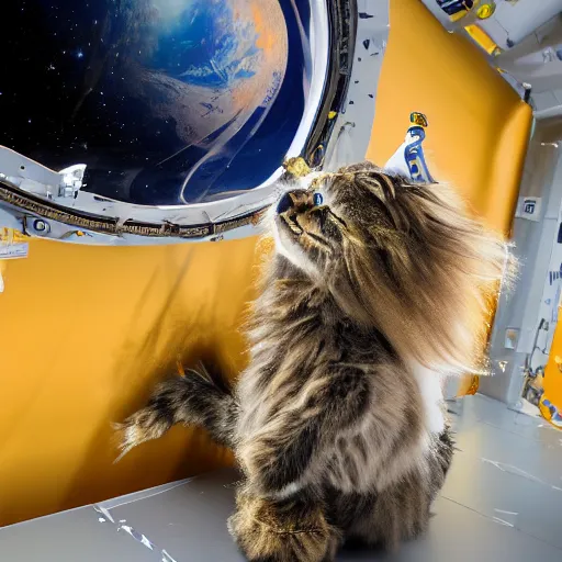 Image similar to high-energy full body main coon TY beanie baby wears a spacesuit to play on the james webb space telescope in outer space, 8k highly professionally detailed, HDR, CGsociety, dynamic lighting, pristine and clean design, photorealistic