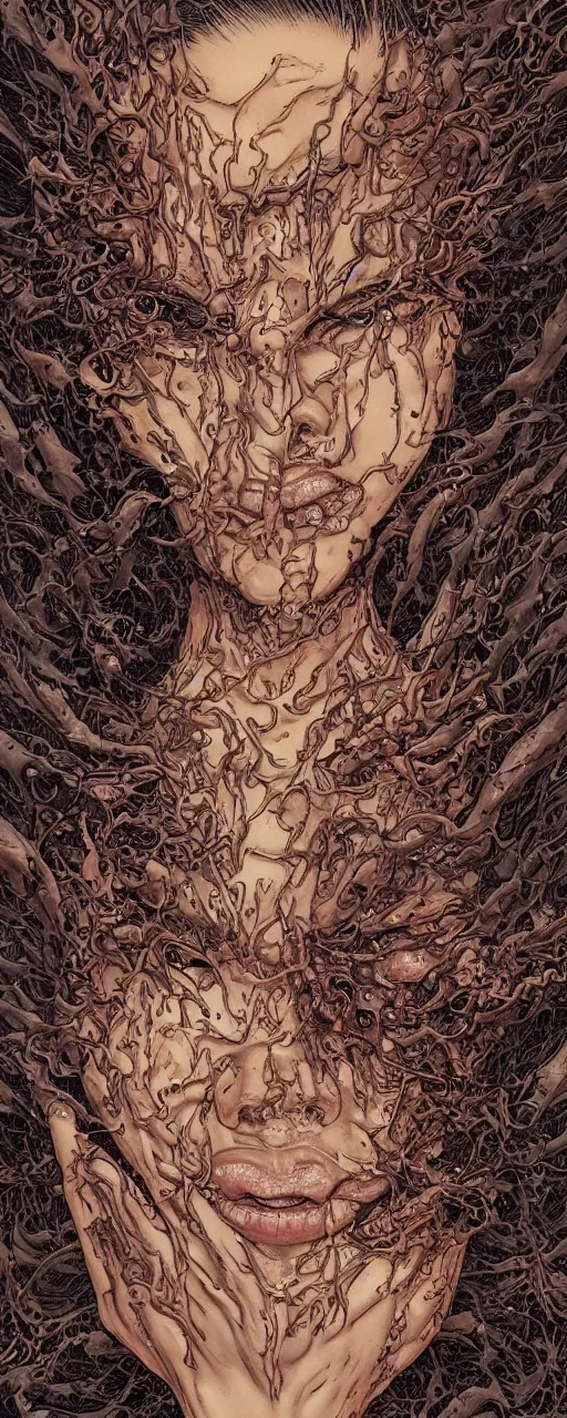 Image similar to closeup of face melting in agony been pulled by hands, inside a frame on a tiled wall, frontal picture, by yoichi hatakenaka, masamune shirow, josan gonzales and dan mumford, ayami kojima, takato yamamoto, karol bak