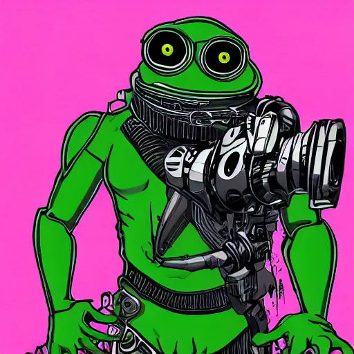 Image similar to pepe frog cyborg cybernetic pepe frog Cyberpunk 2077. CP2077. 3840 x 2160