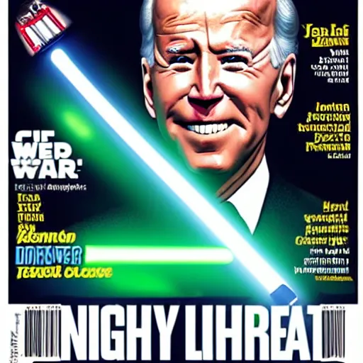 Image similar to joe biden as a jedi with green lightsaber cover of magazine. High quality.