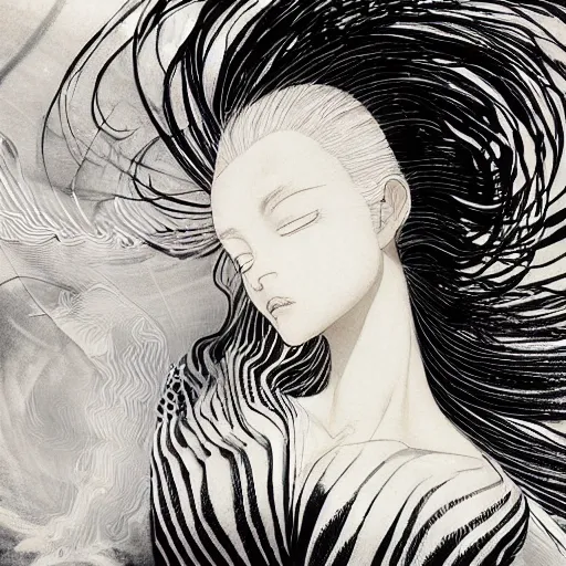 Image similar to Yoshitaka Amano dreamy illustration of an anime girl with white hair and cracks on her face wearing dress suit with tie fluttering in the wind, abstract black and white patterns on the background, head turned to the side, noisy film grain effect, highly detailed, Renaissance oil painting, weird portrait angle