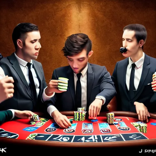 Image similar to 8 monkeys playing poker at a poker table smoking cigarettes and dressed in suits, 4 k, hyper realistic, dslr, high resolution, landscape, beautiful