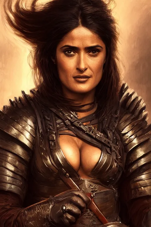 Image similar to portrait, Salma Hayek , barbarian , dressed in leather armor, face portrait, raphael lacoste, eddie mendoza, alex ross, concept art, matte painting, highly detailed, rule of thirds, dynamic lighting, cinematic, detailed, denoised, centred