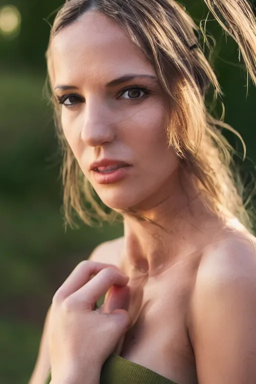 Image similar to olive skinned female model in her thirties, wearing sundress, focused on neck, photo realistic, extreme detail skin, natural beauty, joyful, no filter, slr, golden hour, 4 k, high definition, selfie