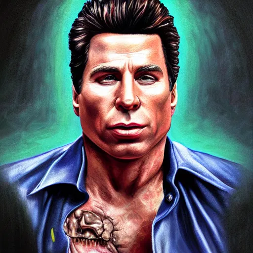 Prompt: professionally-painted ultradetailed ornate horror award winning masterpiece illustration of John Travolta, as a serial killer, digital airbrush painting, 3d rim light, hyperrealistic, artstation, cgsociety, kodakchrome, golden ratio