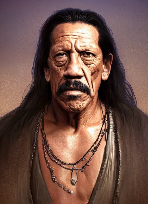 Prompt: Portrait of Danny Trejo, cloak, male, fantasy, extremely detailed, digital painting, artstation, concept art, smooth, sharp focus, illustration, stunning lighting, art by artgerm and greg rutkowski and alphonse mucha and simon stalenhag, realistic character concept, high fantasy, light atmosphere, golden ratio, cinematic lighting, hyperdetailed, high resolution, insanely detailed and intricate, artstation, Marc Simonetti, Greg Rutkowski, 8k