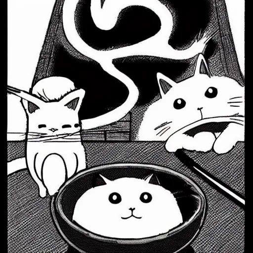 Image similar to manga cat by Hayao Miyazaki eats from a bowl of rice, black and white manga