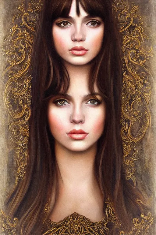 Image similar to hyper realistic painting portrait of brunette with bangs, intrincate ornaments, gold decoration, caligraphy, occult art, illuminated manuscript, oil painting, art noveau