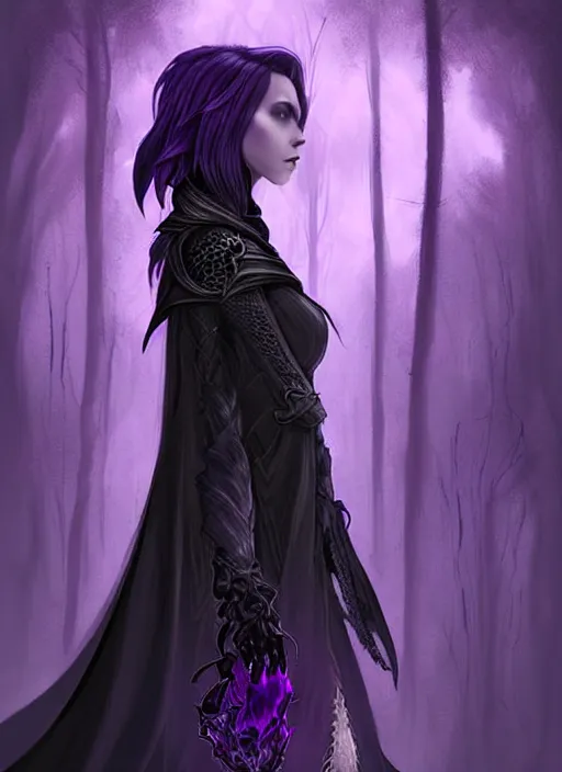 Image similar to side portrait dark witch, adventurer outfit large cloak, fantasy forest landscape, dragon scales, fantasy magic, undercut hairstyle, short purple black fade hair!!!!!!, dark light night, intricate, elegant, sharp focus, illustration, highly detailed!!!!!!!, digital painting, concept art, green neon smoke, matte painting, art by WLOP and Artgerm and Greg Rutkowski and Alphonse Mucha, masterpiece