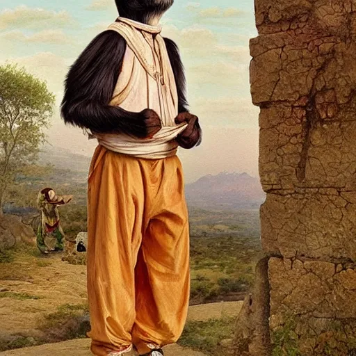 Image similar to beautiful painting by sophie anderson of a chimpanzee wearing traditional men kurdish clothes baggy pants and white shirt with a large sash tied around the waist in a kurdish village, award winning art, insanely detailed, bright colors, global illumination, cute, young, stunning