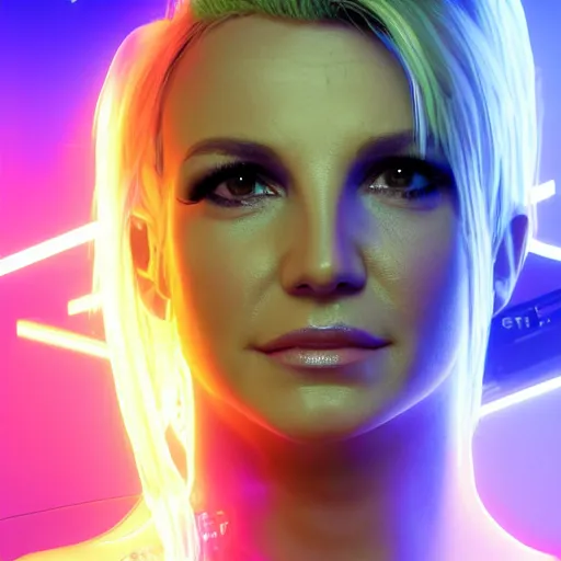 Image similar to britney spears portrait, Cyberpunk 2077, ultra photorealistic, cybernetic body parts, neon, octane, bokeh, 8k