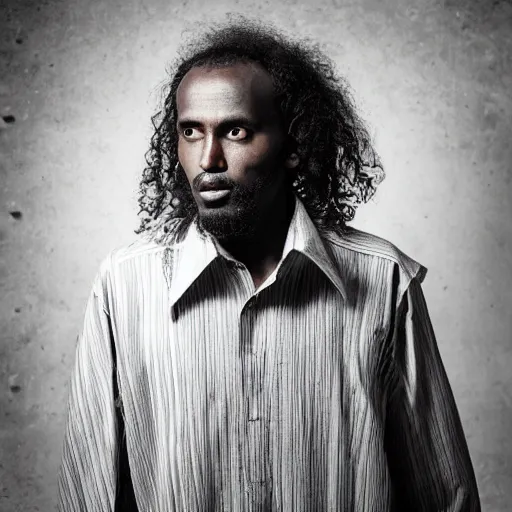 Prompt: a somali man, with long curly hair, on a clean background, beautiful, by etienne dinet