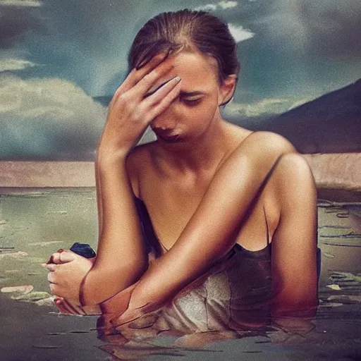 Image similar to the woman watched her tears become the river and her breath become the wind , high quality surrealist art”
