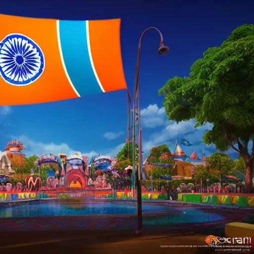 Image similar to indian flag waving, center frame, symmetric, rim light, fabric, electric, soft, concept art, intricate details, cinematic, highly detailed, colorful, photorealistic, disney pixar, octane render, iridescent, anime