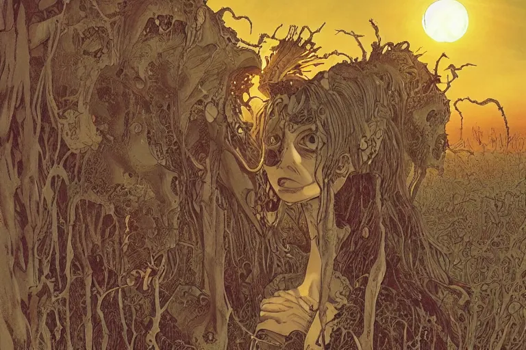 Image similar to disturbing horror zombie manga cover illustration by junji ito and joe fenton and syd mead and p. craig russell and barry windsor - smith, artstation, 4 k, graphic novel, concept art, matte painting, beautiful american rustic western landscape sunset background, golden hour, art nouveau