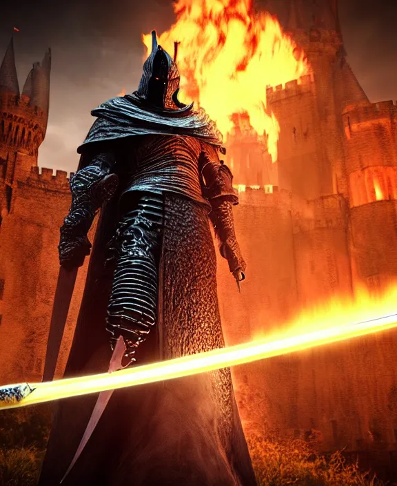 Image similar to anatomically correct dark souls knight with long sword on fire, dark night, castle on the background, wet surface, unreal engine 5, lumen technology, incredible detalization, film still, by alberto mielgo